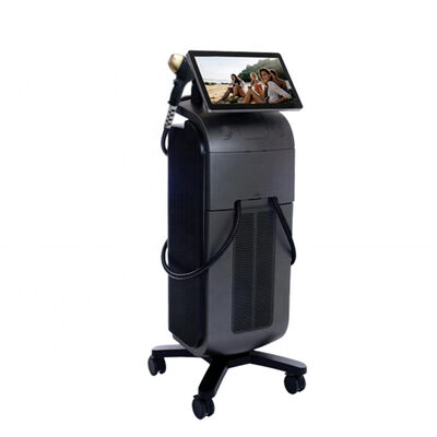 Máquina de depilación láser de diodo con botón de parada de emergencia que cuenta con un sistema de refrigeración por agua y aire semiconductor, lo que garantiza la depilación